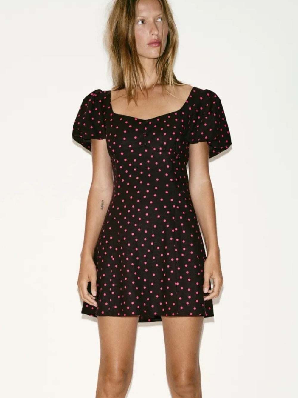 NWT Zara Linen Blend Balloon Sleeve Polka Dot Mini Dress In Dark Brown/Pink - XS